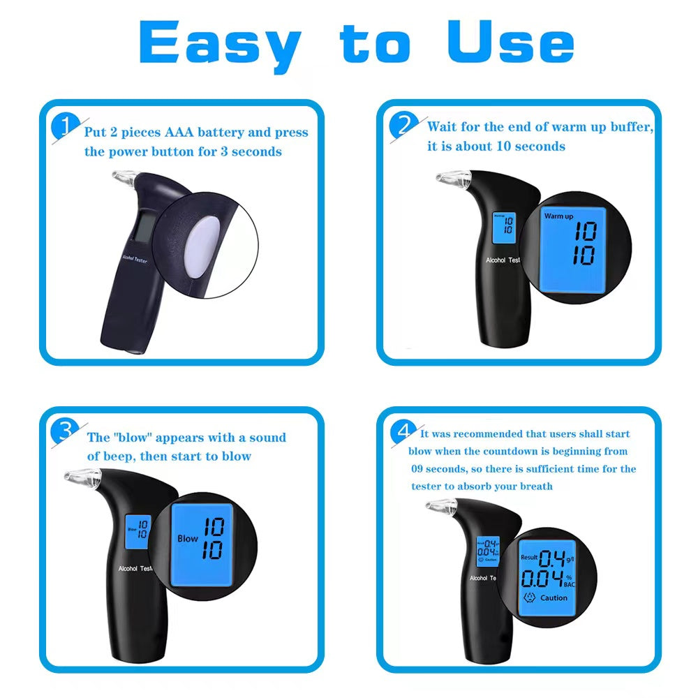 Alcohol Tester Analyzer LCD Display Portable + 12 Mouthpieces