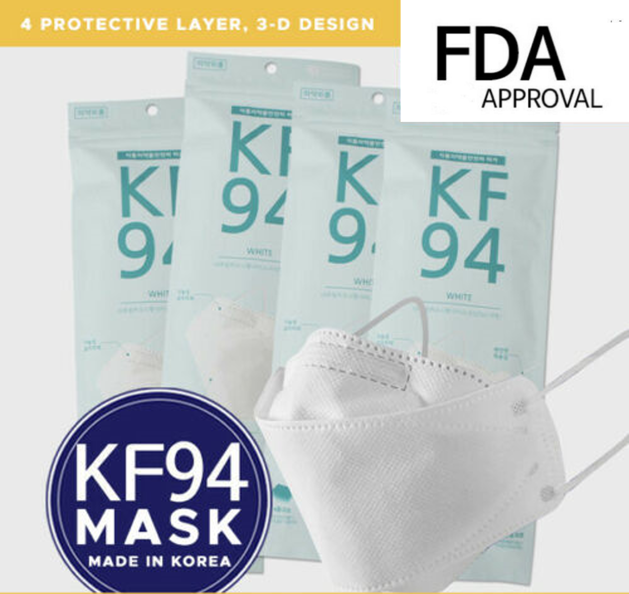 Free shipping- KF94 10PCS/20PCS 4 Protective Layer 3D Filter Adult Face Mask (Made in Korea)