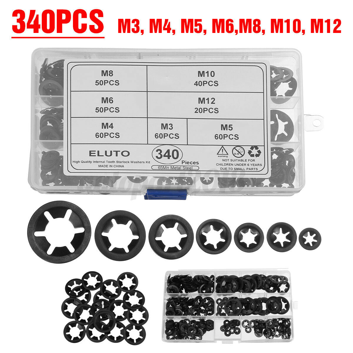 340pcs M3-M12 Starlock Washers Push On Lock Star Nut Fastener Clips Lock