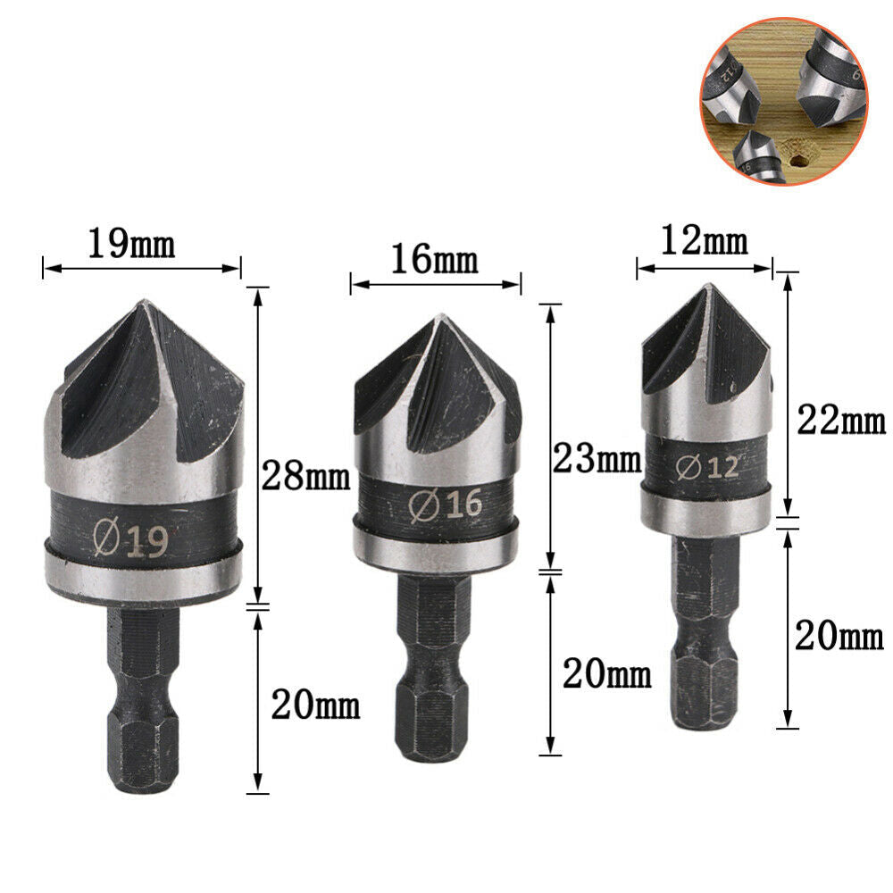 3Pcs Hex Countersink Boring Bore Quick Change Drill Bit Tool Set for Wood Metal