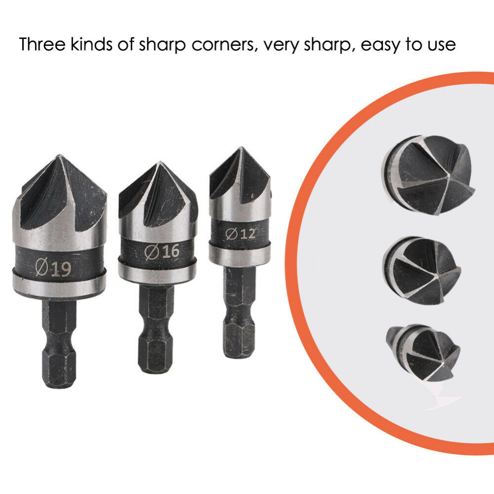 3Pcs Hex Countersink Boring Bore Quick Change Drill Bit Tool Set for Wood Metal