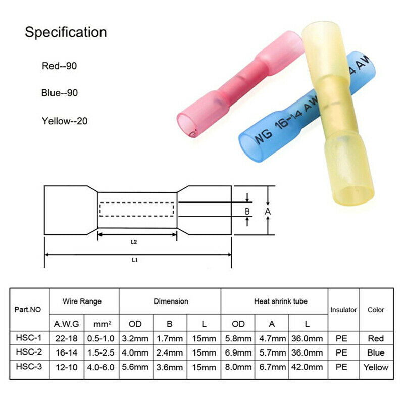 200PCS Waterproof Heat Shrink Seal Sleeve Butt Wire Connectors Crimp Terminals