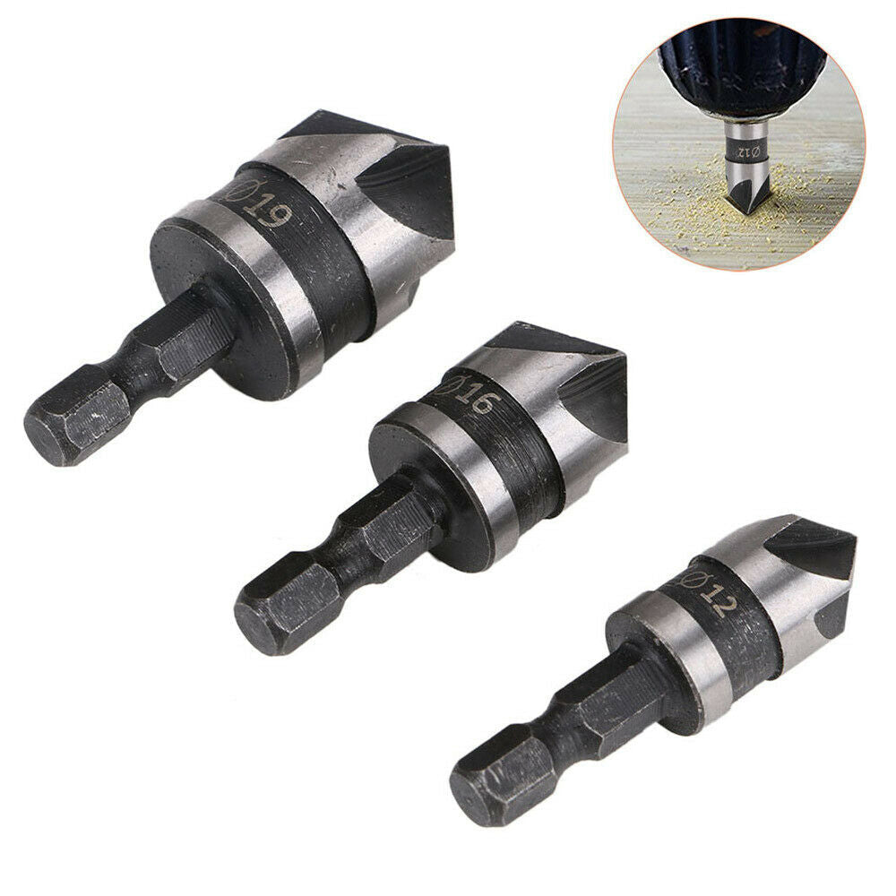 3Pcs Hex Countersink Boring Bore Quick Change Drill Bit Tool Set for Wood Metal