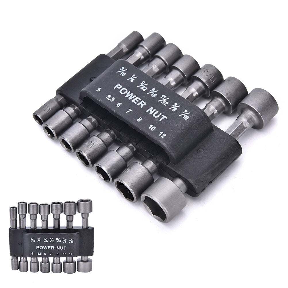 14PC Power Nut Driver Drill Bit Metric Socket Wrench Screw 1/4 Hex Shank