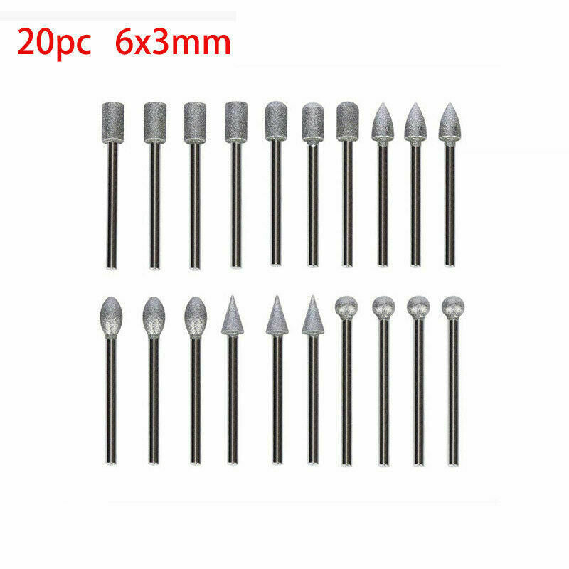 20Pcs Shank Diamond Grinding Heads Drill Burrs Bit Set for Rotary Tool Grinder