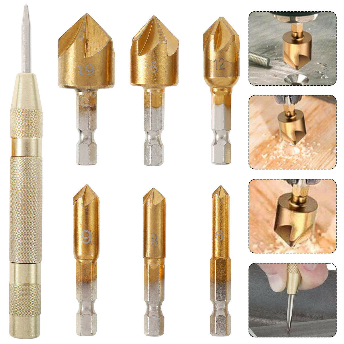 Countersink Drill Bit Set High Speed Steel 6mm-19mm 5 Flute Chamfering Drill Bit